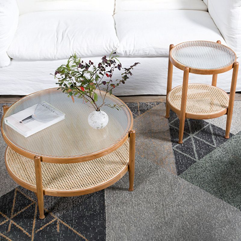 Modern Wood 4 Legs 1 Coffee Table with Shelf Round Glass Table