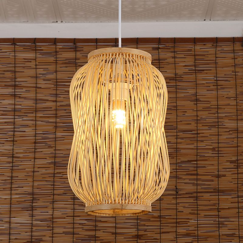 Beige Gourd Cage Pendant Lighting Chinese Style Single Bamboo Hanging Lamp over Table