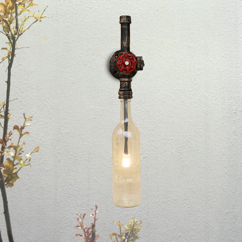 Glass Wine Bottle Wall Lighting Rustic Industrial 1 Light Restaurant Blue/Clear Wall Sconce Light with Red Valve