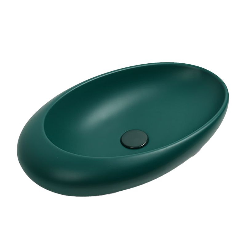 Modern Bathroom Sink Porcelain Oval with Pop-Up Drain and Faucet Vessel Lavatory Sink