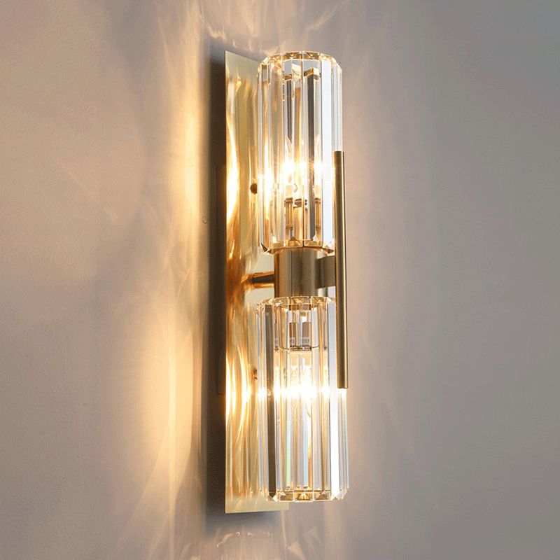 Gold 2-Light Wall Sconce in Modern Luxury Style Wrought Iron Cylindrical Wall Light with Crystal Shade