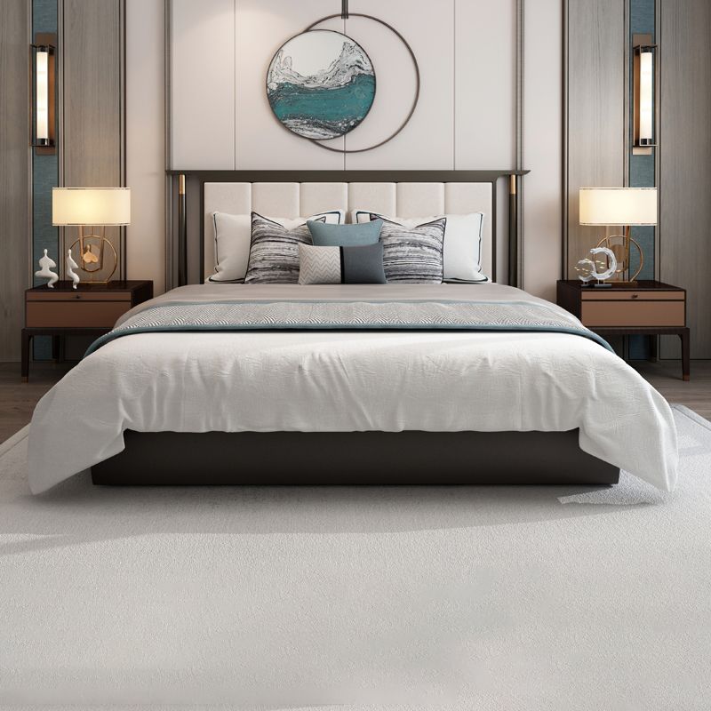 Mid-Century Modern Standard Bed Ash Upholstered Headboard Panel Bed