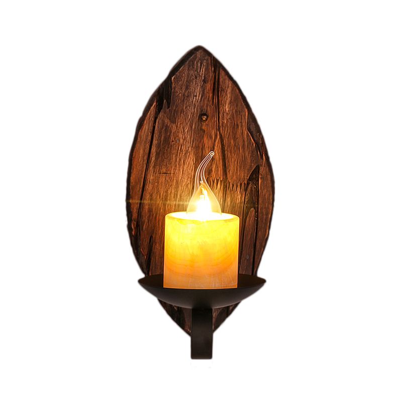 Cylinder Coffee Shop Wall Light Fixture Coastal Marble 1 Light Brown Sconce Lamp with Wooden Semicircle/Foot/Rectangle Base