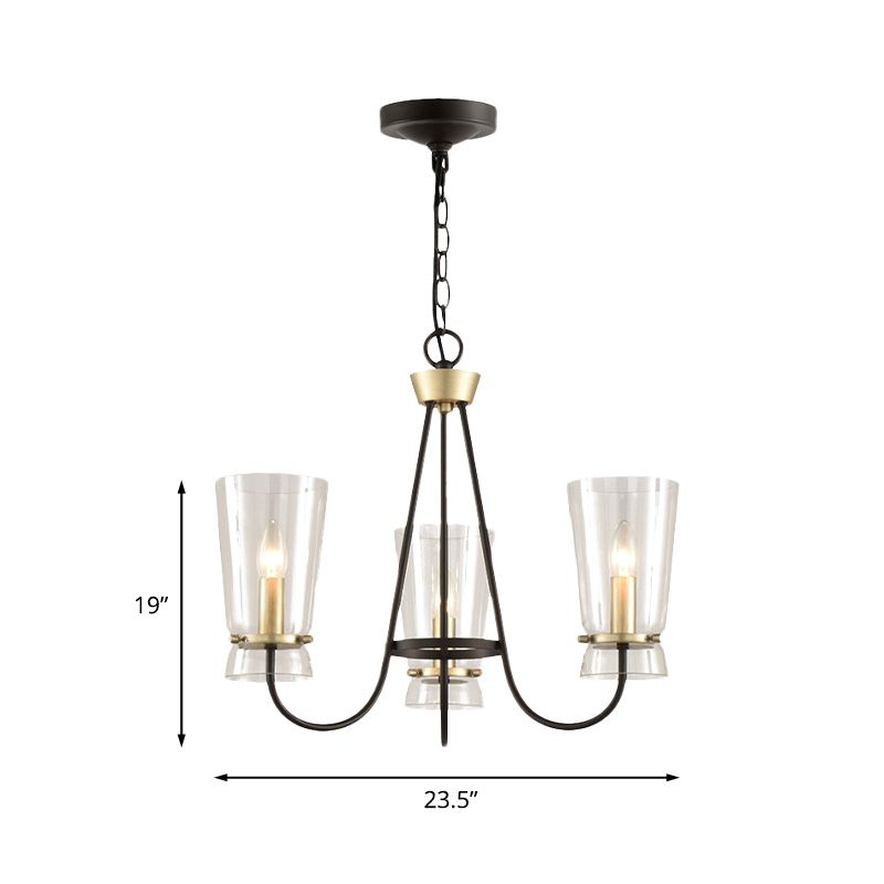 Heldere glazen kegel hangende kroonluchter vintage 3/6 lichten slaapkamer suspensielamp in zwart met gebogen arm