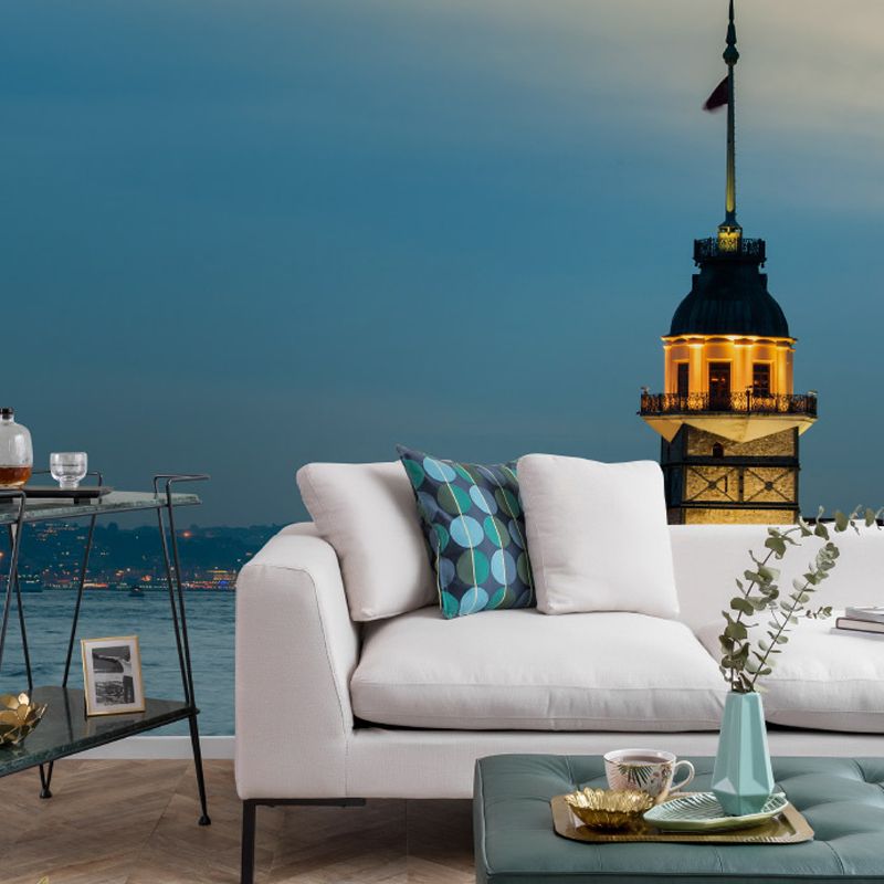 Light Wall Mural for Living Room, Blue Sea and Beacon, Personalized Size Available