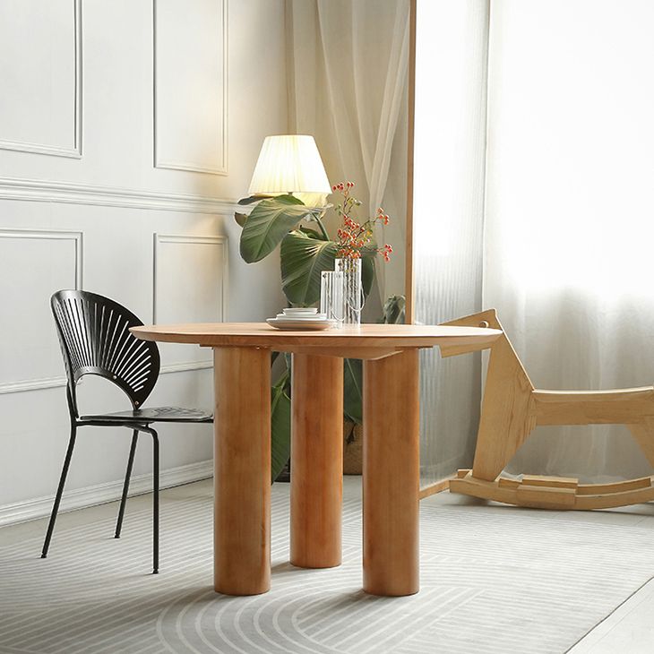 Round Pedestal Contemporary Dining Table Brown Tone Fixed Table of Solid Wood
