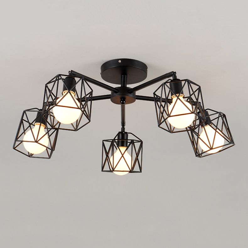 Black Caged Semi Flush Ceiling Light Industrial Metal Living Room Ceiling Mount Lighting