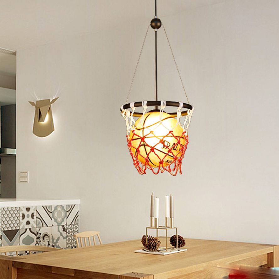 Creative Glass Basketball Shaped Suspended Light with Nets Single Light Decorative Arts Hanging Light for Bar