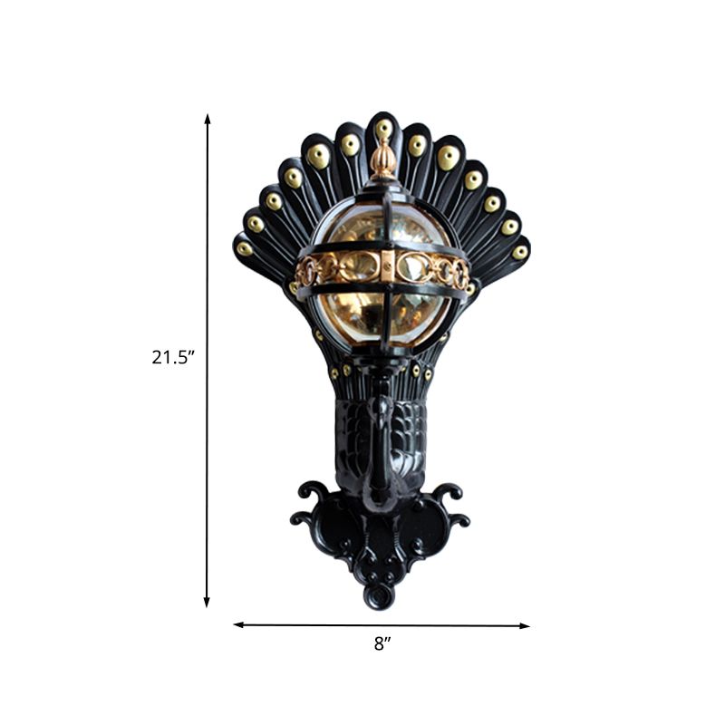 Amber Glass Ball Wall Lighting 1 Bulb Courtyard Wall Mounted Light in Black with Peacock Tail Backplate