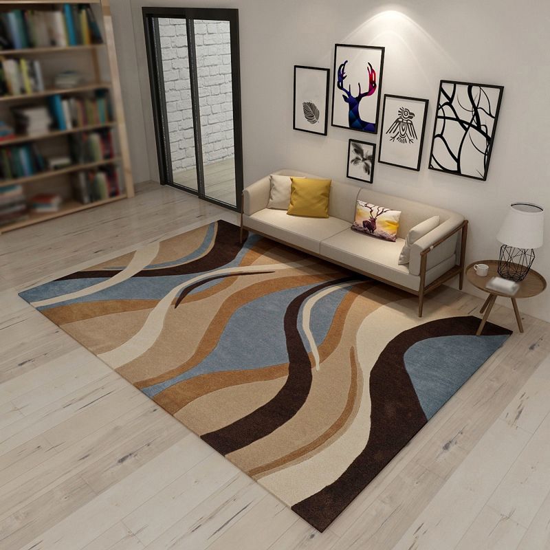 Light Yellow Simple Polyester Striped Rug Non-Slip Backing Rug for Living Room