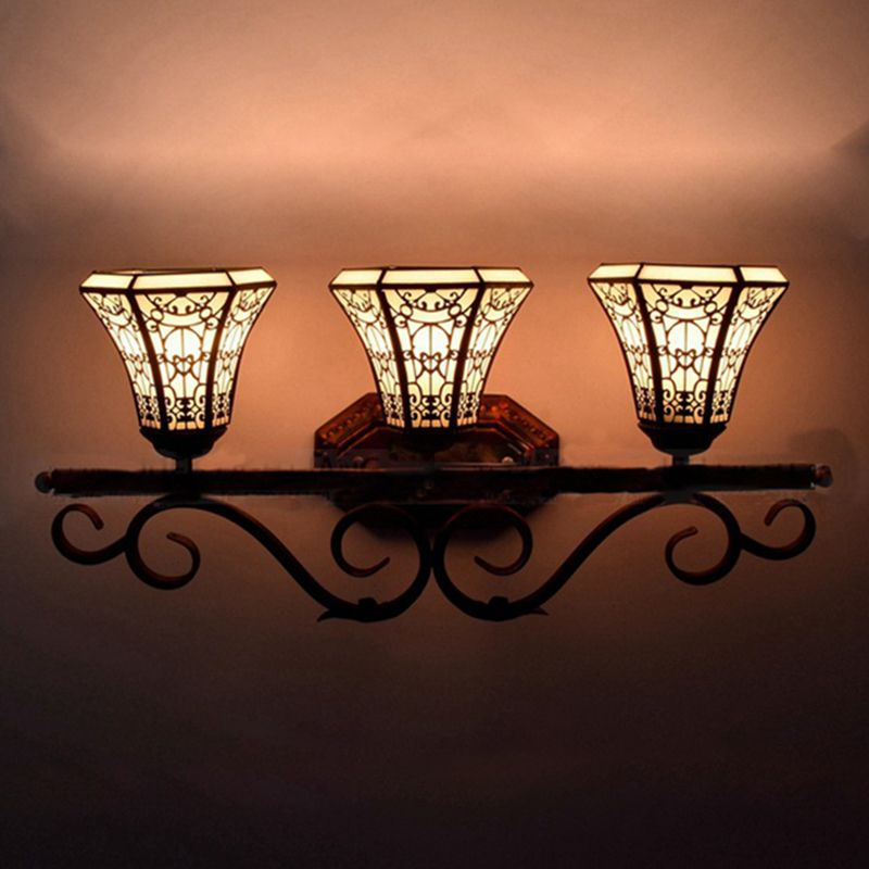Glass Pattern Bell Sconce Light Study Room 3 Lights Tiffany Antique Wall Light in Beige