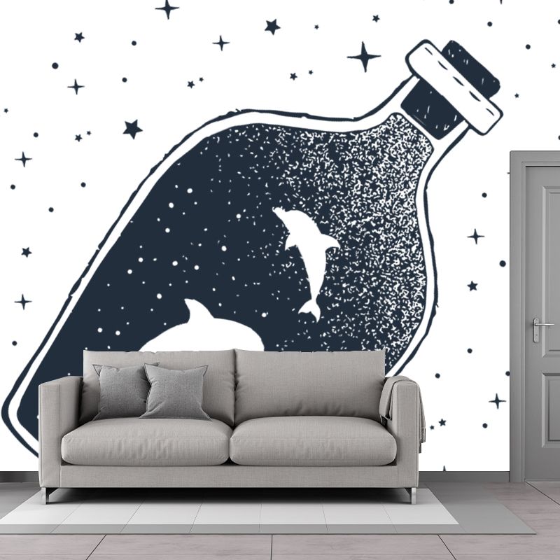 Whole Constellation Wallpaper Mural for Home Whale Inside Bottle Wall Art in Black-White, Washable
