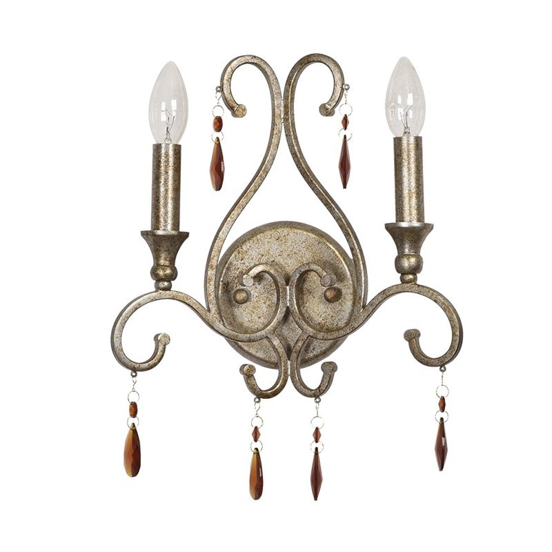 Metal Exposed Bulb Sconce Lighting Rustic 2 Lights Living Room Wall Mounted Lamp in Aged Silver