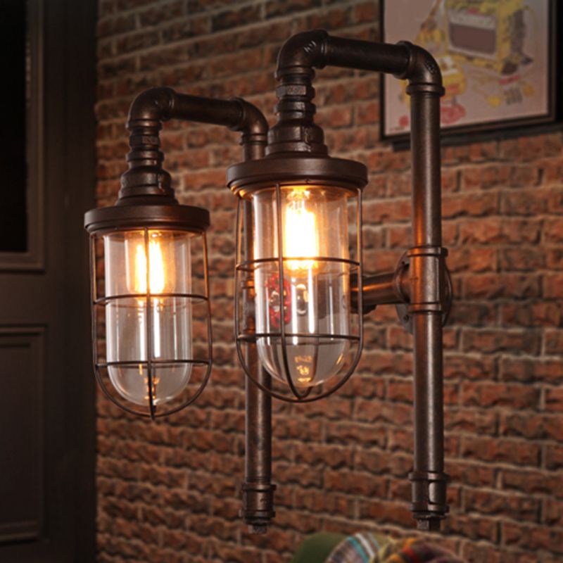 Rust Elongated Dome Wall Light Fixture Vintage Clear Glass 2 Heads Restaurant Piping Light with Metallic Cage