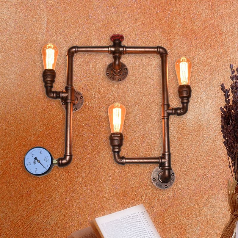 3-Head Iron Sconce Light Industrial Copper Finish Twisted Living Room Wall Mount Pipe Lamp with Gauge Deco