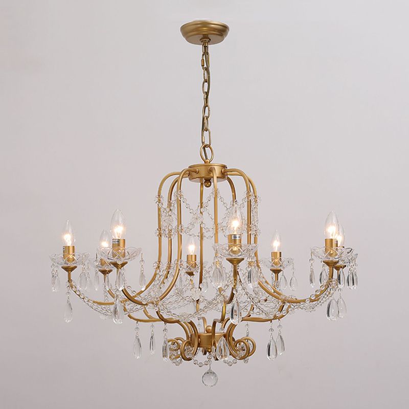 Gold Chandelier Lamp Vintage Metal Candle Suspension Pendant Light with Crystal Drop