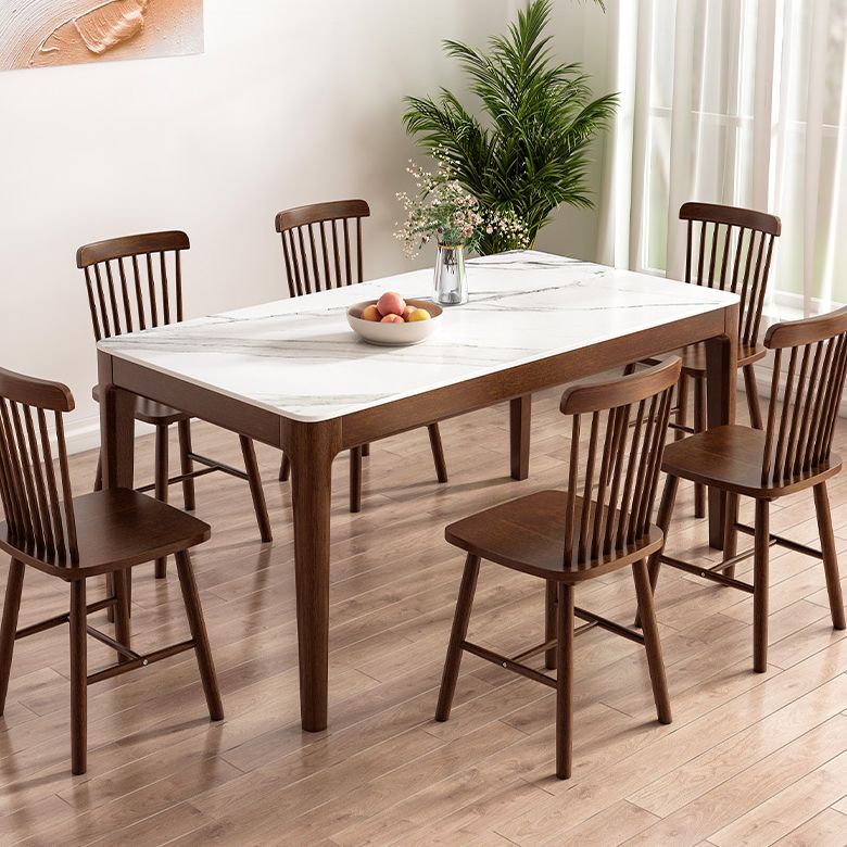 Modern Rectangular Stone Top White Dining Table with 4 Brown Rubberwood Legs