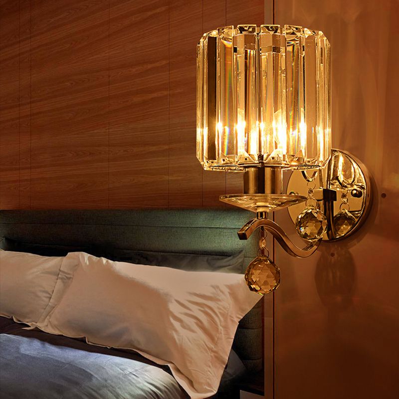 Chrome Cylinder Wall Sconce Modernist 1 Bulb Clear Crystal Wall Lighting with Orbit Drop