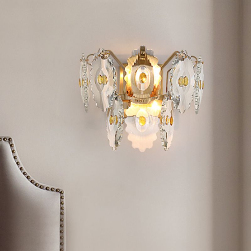 Gear Clear Crystal Wall Mounted Light Postmodern 2 Lights Sconce Light with Green/Gold Gem