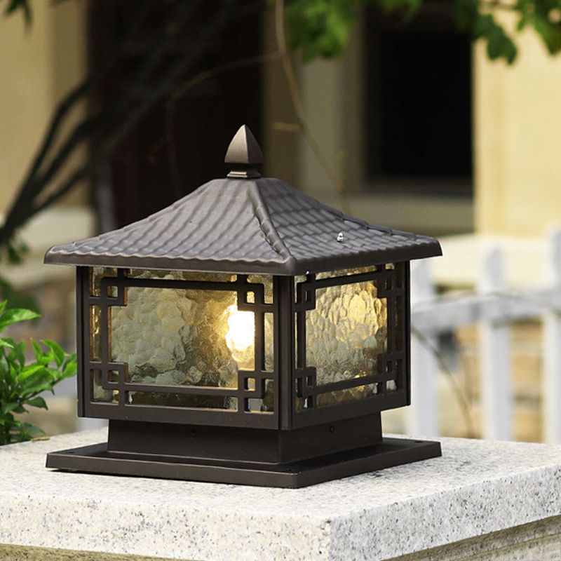 Contemporary Metal Pillar Lamp Square Shape Outdoor Waterproof Light with Glass Shade
