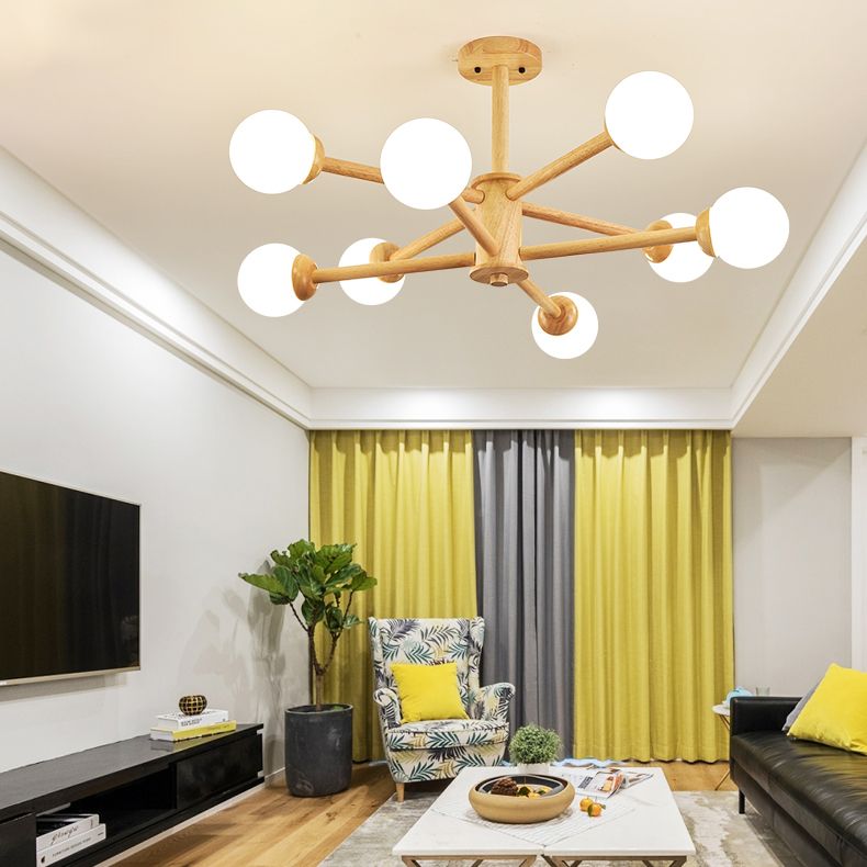 Lampada lampadario moderno a globo moderno in legno multiplo con vetro bianco per soggiorno