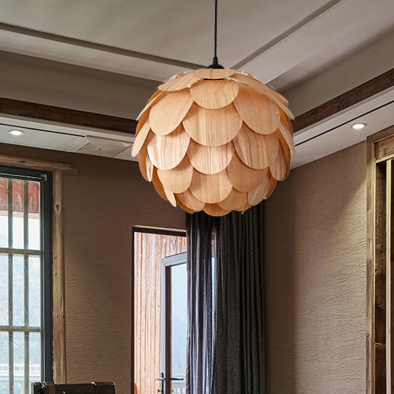 Beige Pinecone Pendant Light Fixture Asian 1 Light Wooden Hanging Lamp for Guest Room