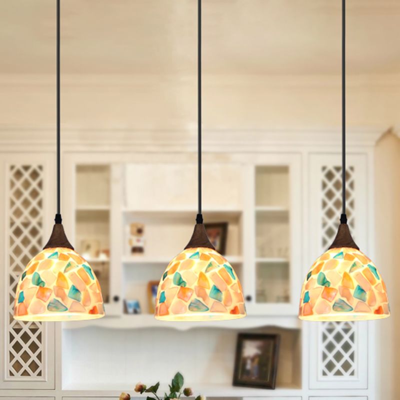 Mosaic Effect Bell Hanging Lamp Mediterranean Beige Shell Pendant Lighting for Kitchen