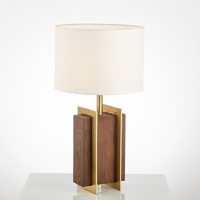 Lampe de bureau rectangulaire en métal, lampe de table moderniste en tissu à 1 tête en or avec détails en bois
