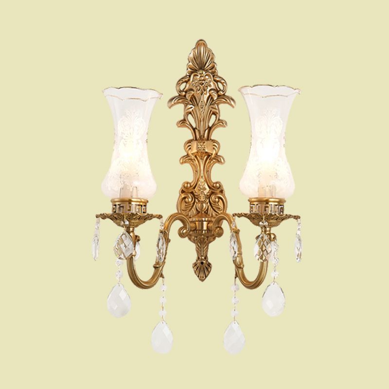 Clear Glass Vase Wall Sconce Light Vintage 2 Bulbs Living Room Wall Lamp in Brass with Dangling Crystal