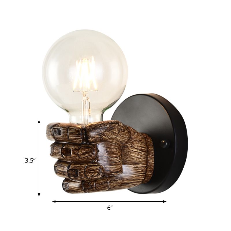 Brown Hand Sconce Lamp Single Light Retro Wood Wall Lamp with Globe Bulb for Hallway