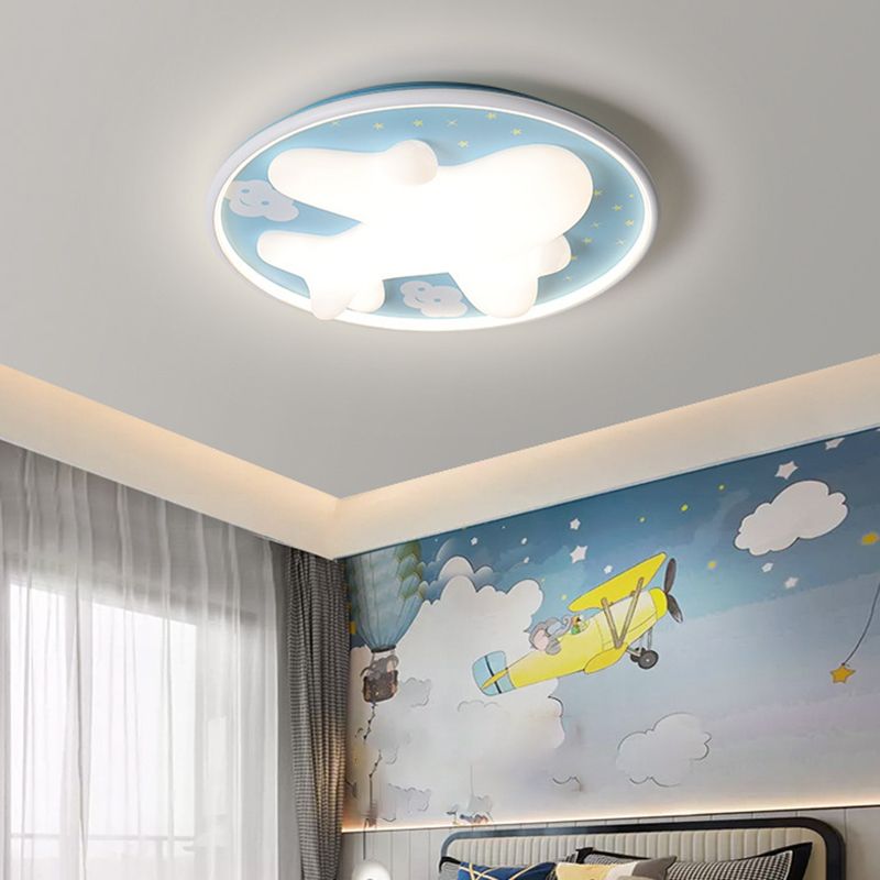 1 - Light LED Flush Mount Light Round Kids Style Flush in Blue and White