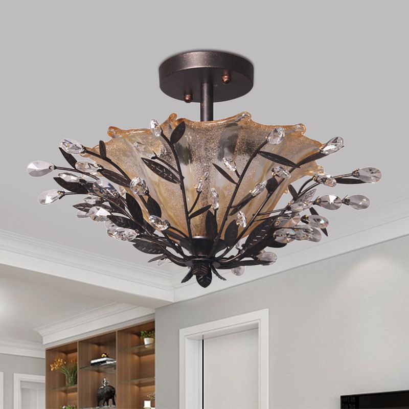 Black Flared Semi Flush Mount Modernism Amber Glass 2 Heads Living Room Ceiling Light Fixture with Branch Crystal Accent