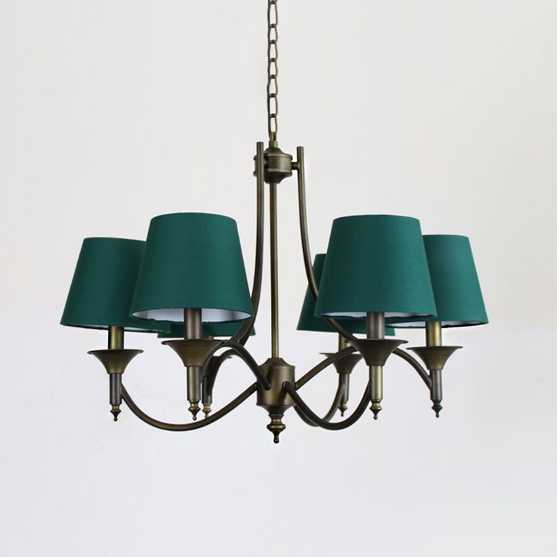 Conical Fabric Chandelier Lighting Countryside 6 Heads Dining Room Hanging Pendant Light in Green