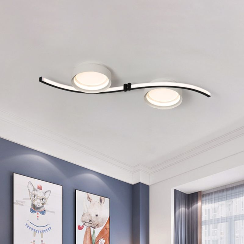 Simple Dual Drum Flush Mount Fixture Acrylic LED Bedroom in Black and White with Waving Linear Design, Warm/White Light