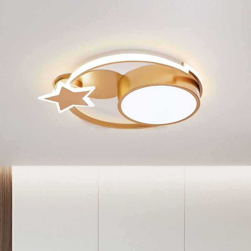 Acrylic Star and Round Flush Mount Minimalist White/Gold LED Ceiling Light Fixture for Bedroom