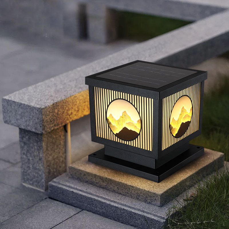 Modern Metal Solar Pillar Lamp Square Shape Outdoor Waterproof Light in Black