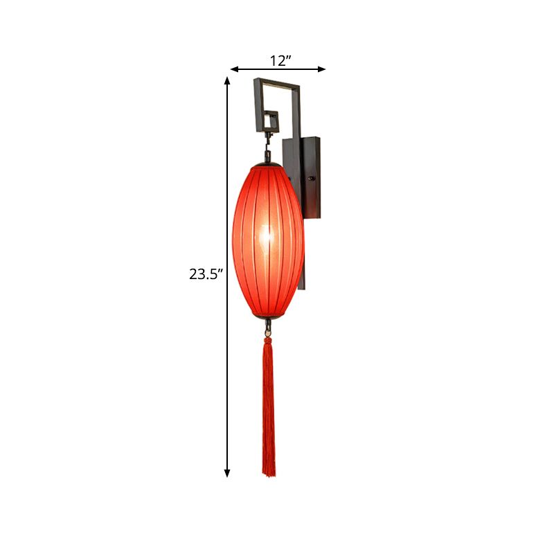 Metal Red Wall Lighting Fixture Oval 1 Light Classic Style Sconce for Tea House with Fabric Shade