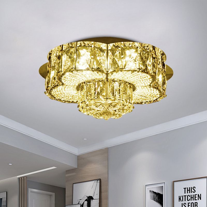 Gold LED Flush Mount Ceiling Fixture Minimalism Beveled Crystal 2-Tier Flower Flushmount Light