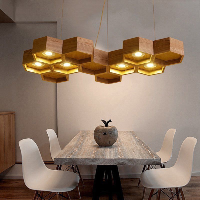 Modernism Beehive Suspension Light Wooden 6-Light Dining Room Chandelier Pendant in Brown