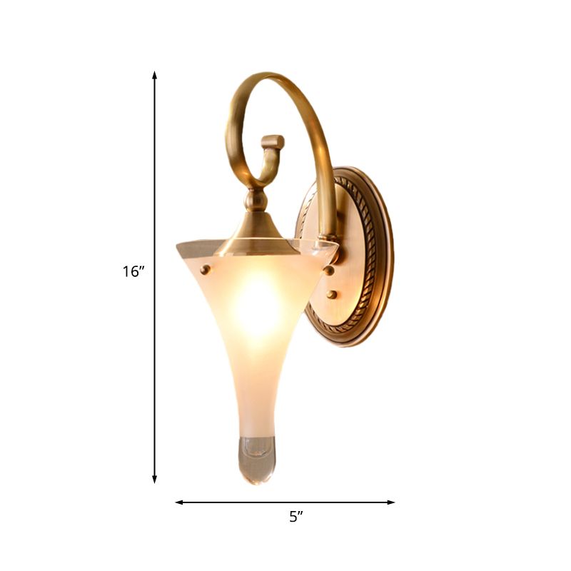 1/2-Head Flared Wall Light Sconce Colonial Gold Frosted White Glass Wall Lighting Fixture with Scrolled Arm