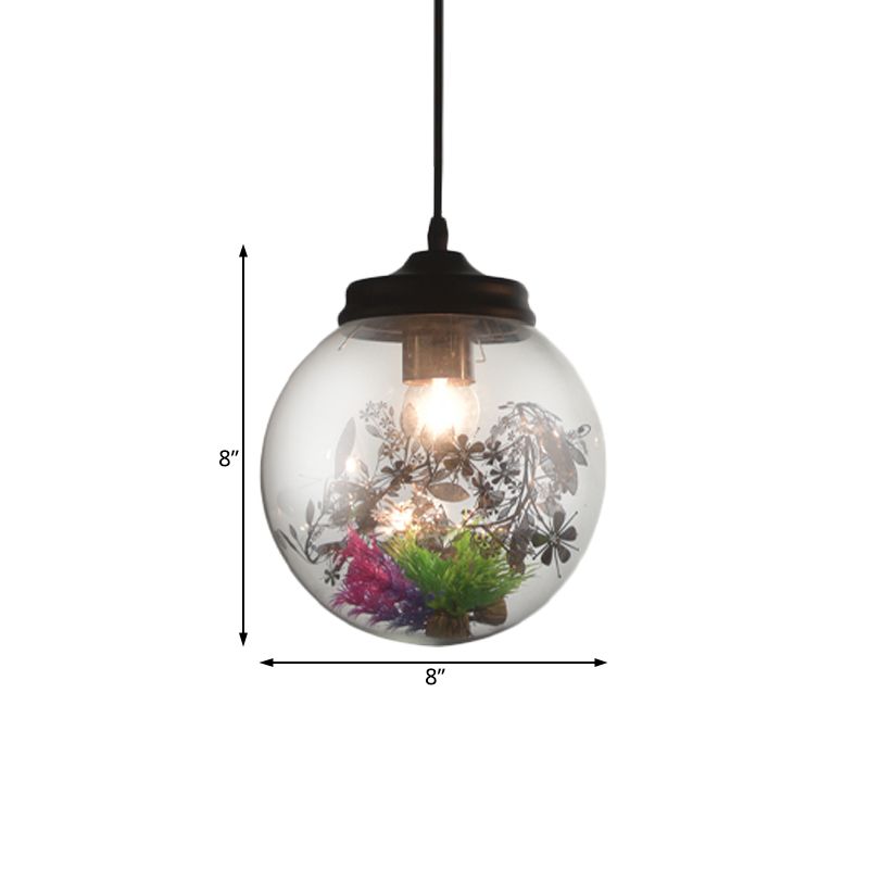 Contemporary 1 Light Hanging Lamp with Clear Glass Shade and Plant Decoration Cylinder/Oval/Globe Pendant Lamp, 6.5"/8"/10.5" Wide