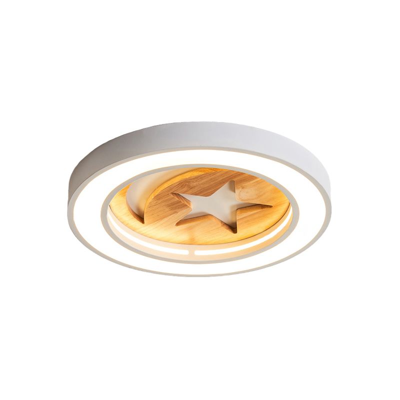 Baby Room Circulaire Flushmount Light with Star & Moon Wooden Nordic LED Ceiling Light