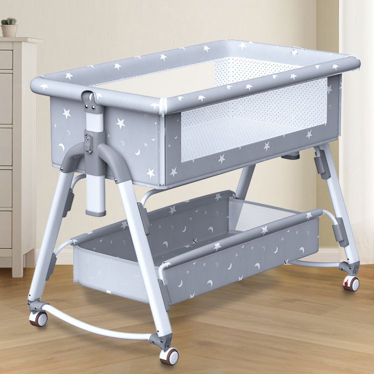 Gliding Square Crib Cradle Metal Cradle with 4 Wheels and Storage Shelf