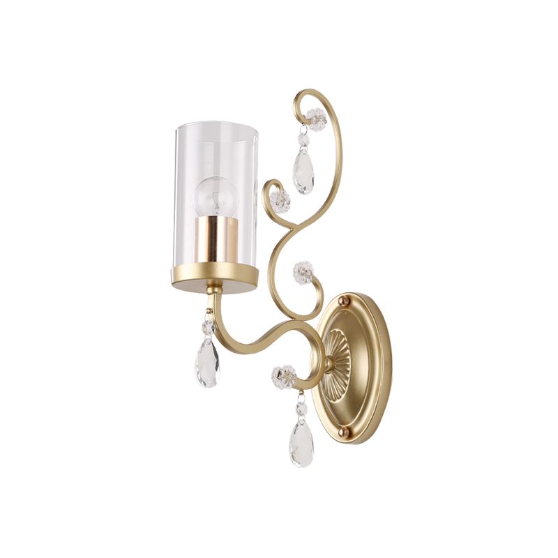 1/2-Bulb Clear Glass Wall Mounted Light Simple Brass Finish Cylinder Wall Lighting Ideas with Crystal Accent