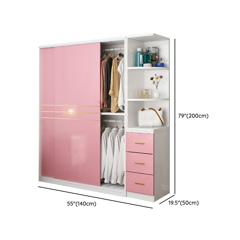 Pink Hanging Clothes Rack Wooden Wardrobe Armoire with Lower Storage Drawers