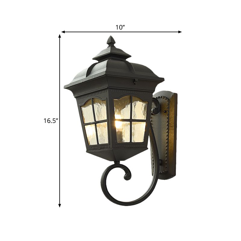 1 Light Seedy Glass Wall Lamp Antique Black Lantern Doorway Wall Light with Up/Down Curved Arm, 10"/12.5" W