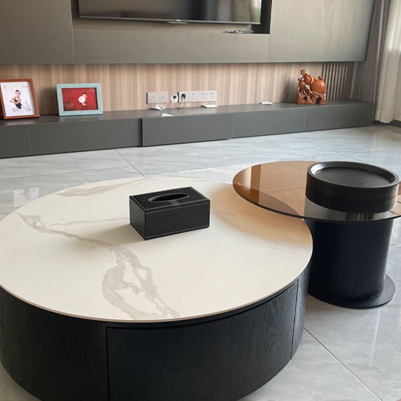 Modern Slate Coffee Table Round Bunching Coffee Table Set with Drawer