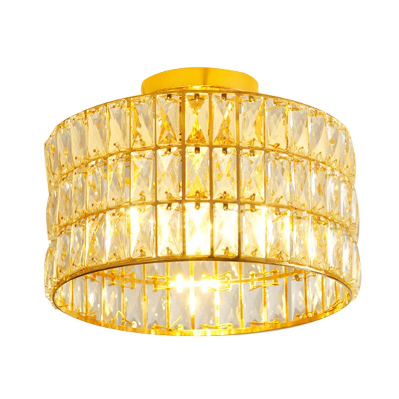 Luce del soffitto semifulgo semplice a tamburo 3 lampadine cristalli smussati inseriti dispositivo montato a filo in oro
