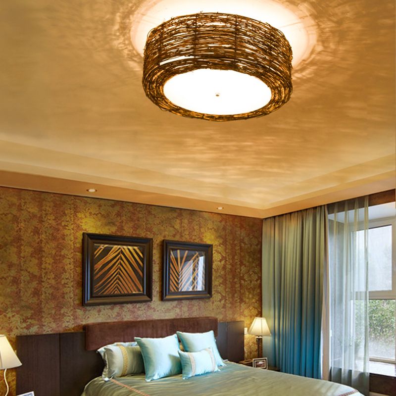 Hand-Woven Flush Mount Lamp with Round Shade Modern Rattan 3 Lights Bedroom Ceiling Light Fixture in Brown, 16"/19.5" W