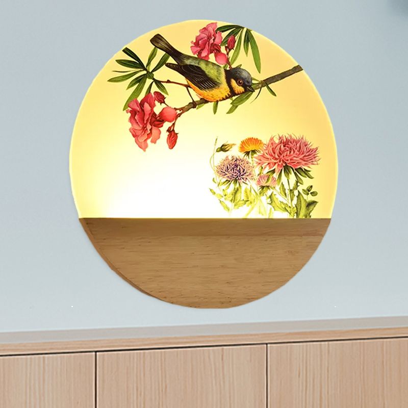 Wood Round Bird and Tree Mural Light Chinese Style LED Acrylic Wall Lighting Idea for Bedside
